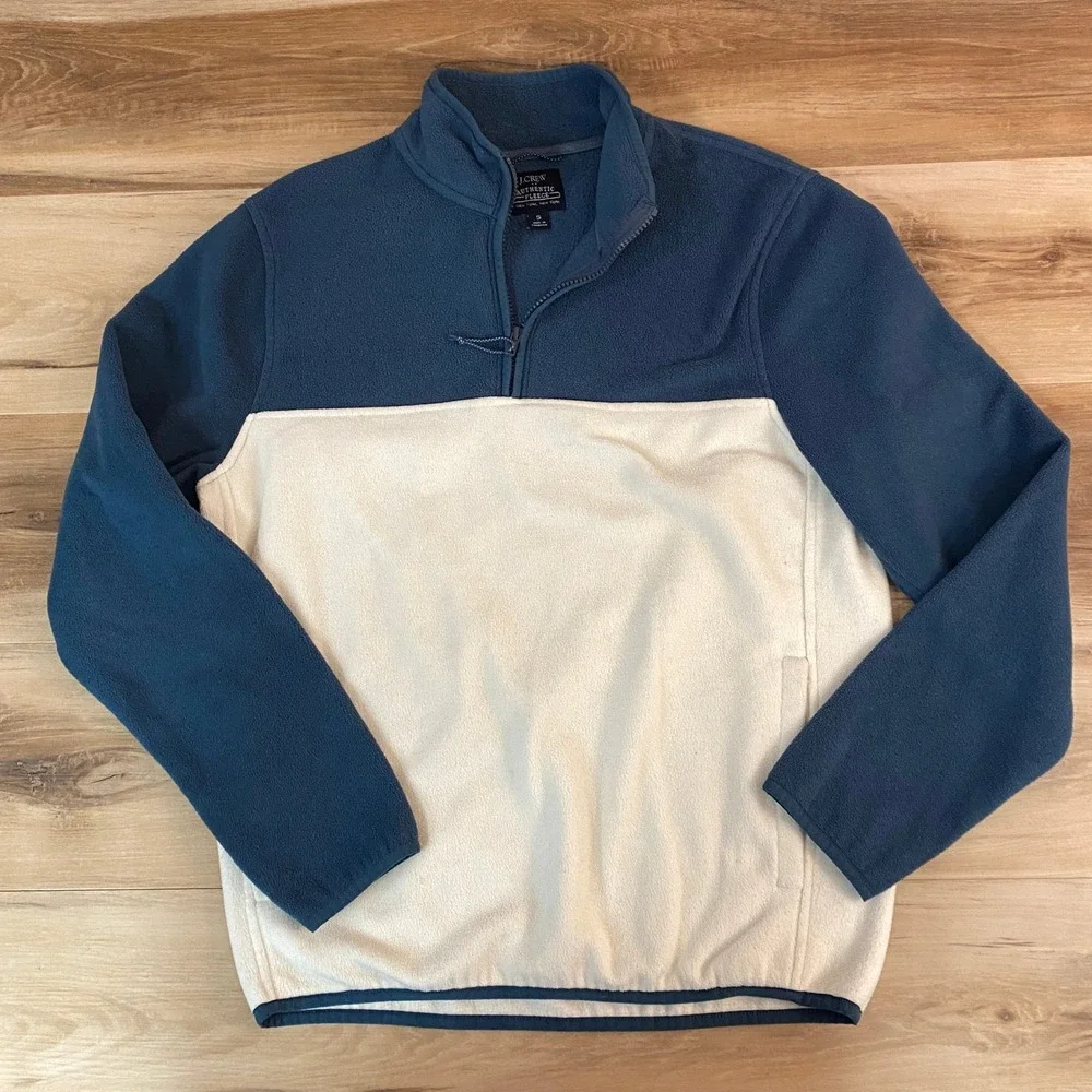 J.‎ Crew Mens Authentic Fleece Quarter Zip Pullover Colorblock Blue White Small